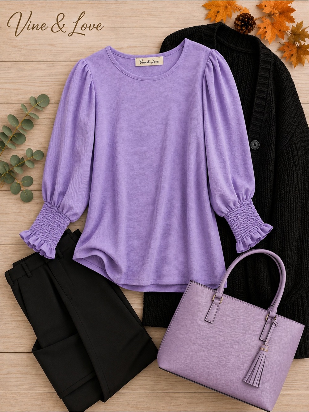 Vine & Love Lavender Puff-Sleeve Smocked Cuff Top